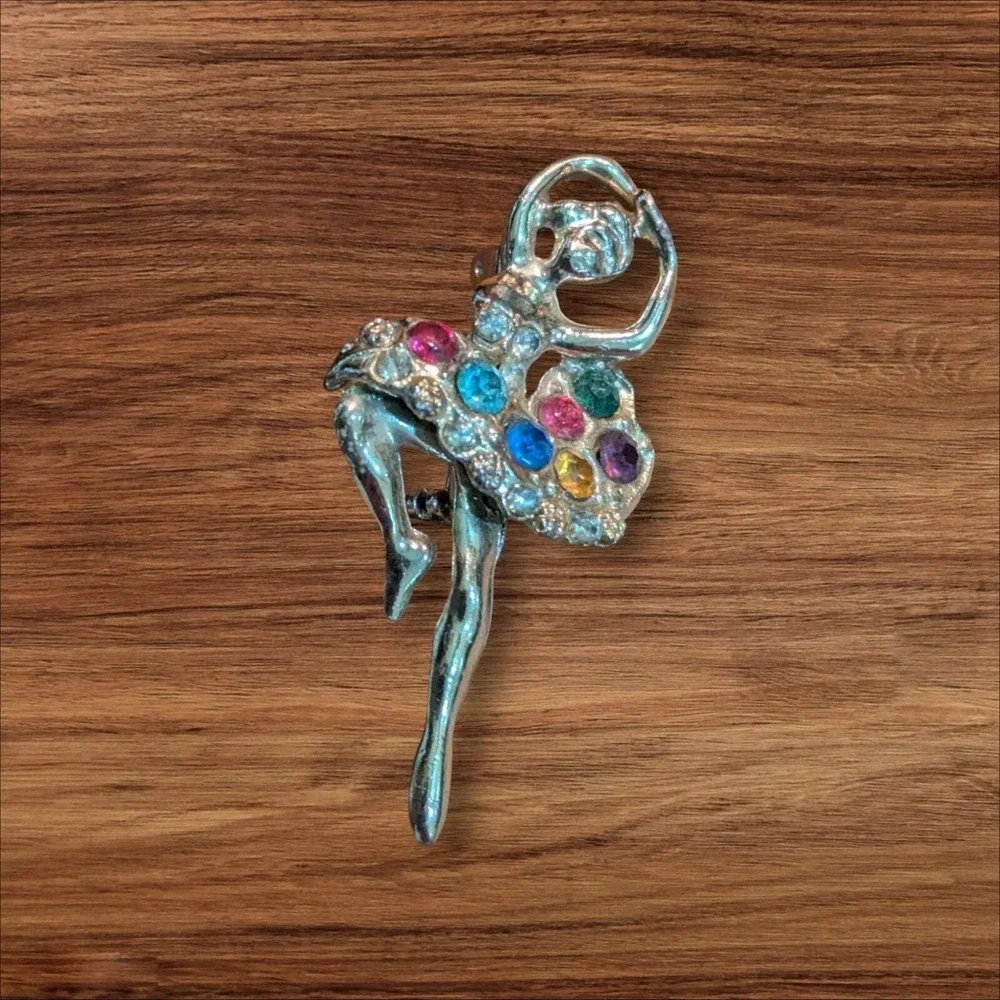Vintage Gold Tone Ballerina Dancer Brooch Multi Color Rhinestone Tutu‎ Pin 2